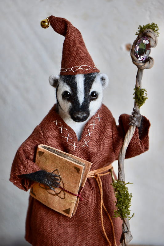 Handmade Needle Felted Badger "The Mage" - Wool Animal Sculpture-  Rustles from the meadow and Harthicune