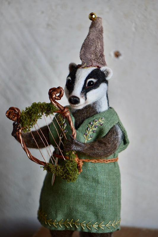 Handmade Needle Felted Badger "The Bard" - Wool Animal Sculpture-  Rustles from the meadow and Harthicune