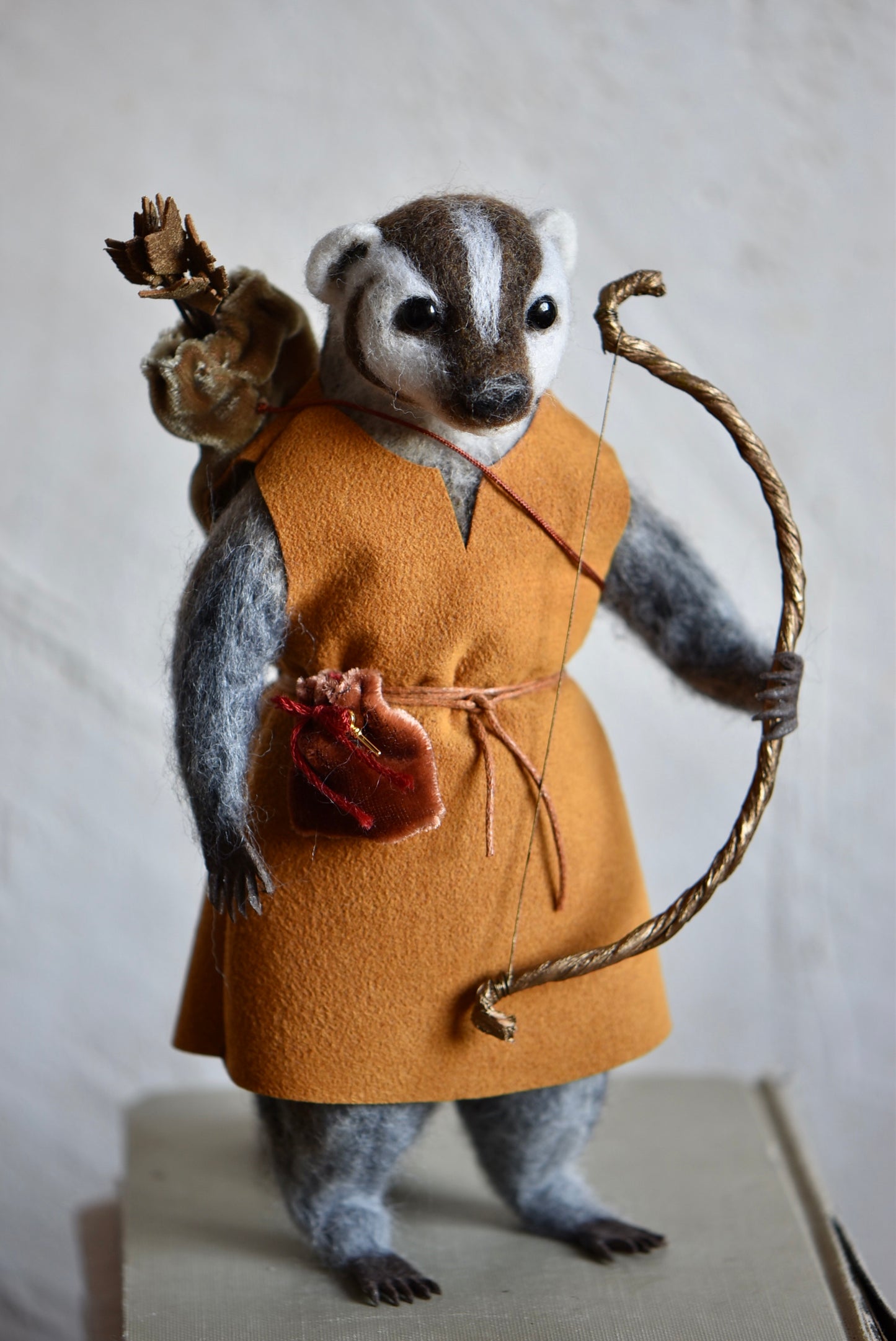 Handmade Needle Felted Badger "The Mistwood Archer" - Wool Animal Sculpture- Rustles from the meadow and Harthicune