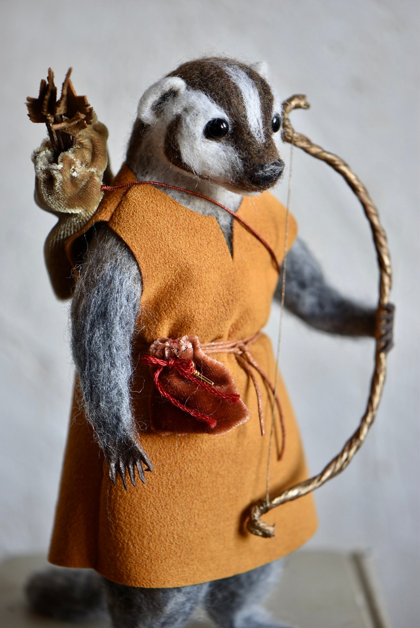 Handmade Needle Felted Badger "The Mistwood Archer" - Wool Animal Sculpture- Rustles from the meadow and Harthicune