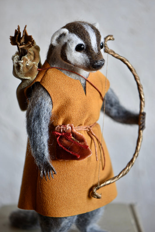 Handmade Needle Felted Badger "The Mistwood Archer" - Wool Animal Sculpture-  Rustles from the meadow and Harthicune