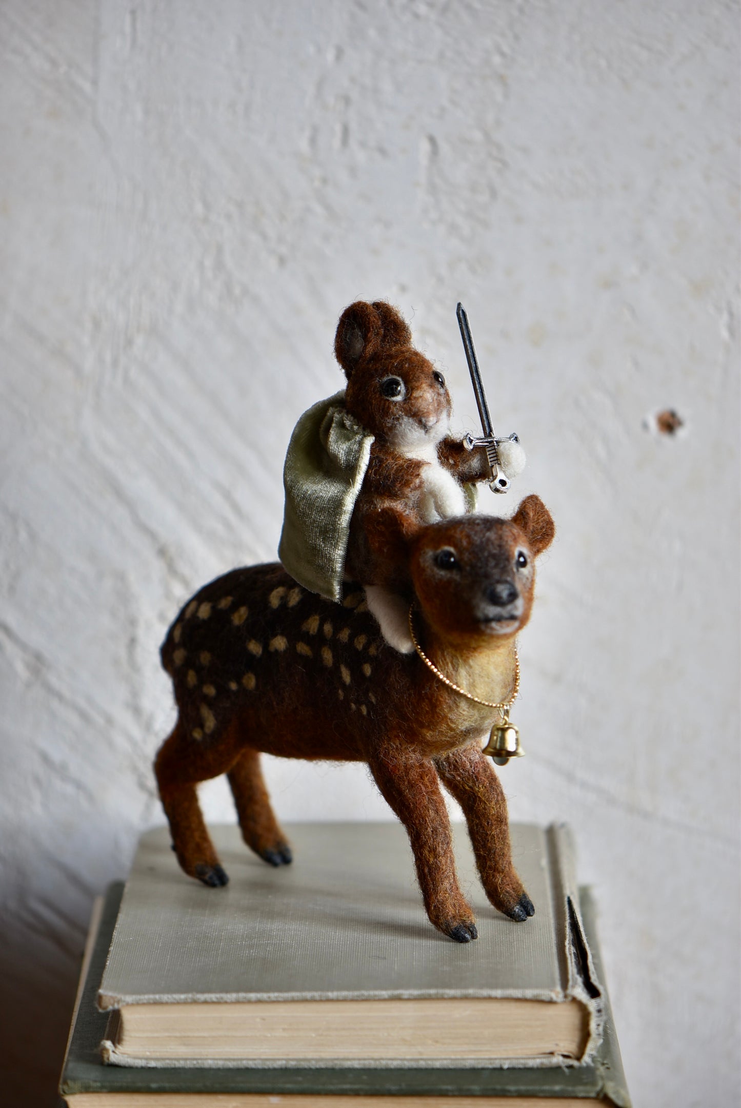 Handmade Needle Felted Character " The Messenger and Her Fawn" - Wool Animal Sculpture- Rustles from the meadow and Harthicune