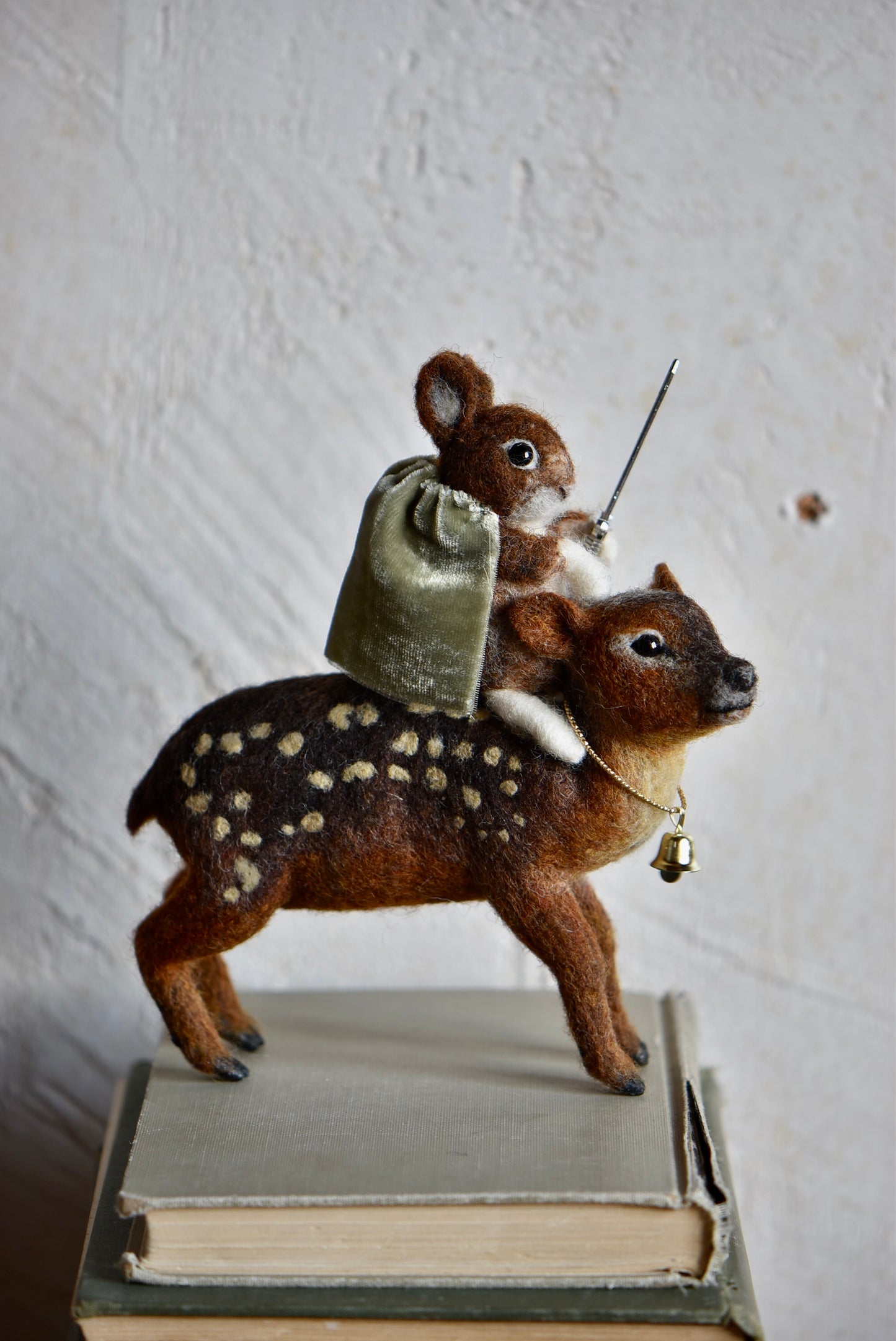 Handmade Needle Felted Character " The Messenger and Her Fawn" - Wool Animal Sculpture- Rustles from the meadow and Harthicune