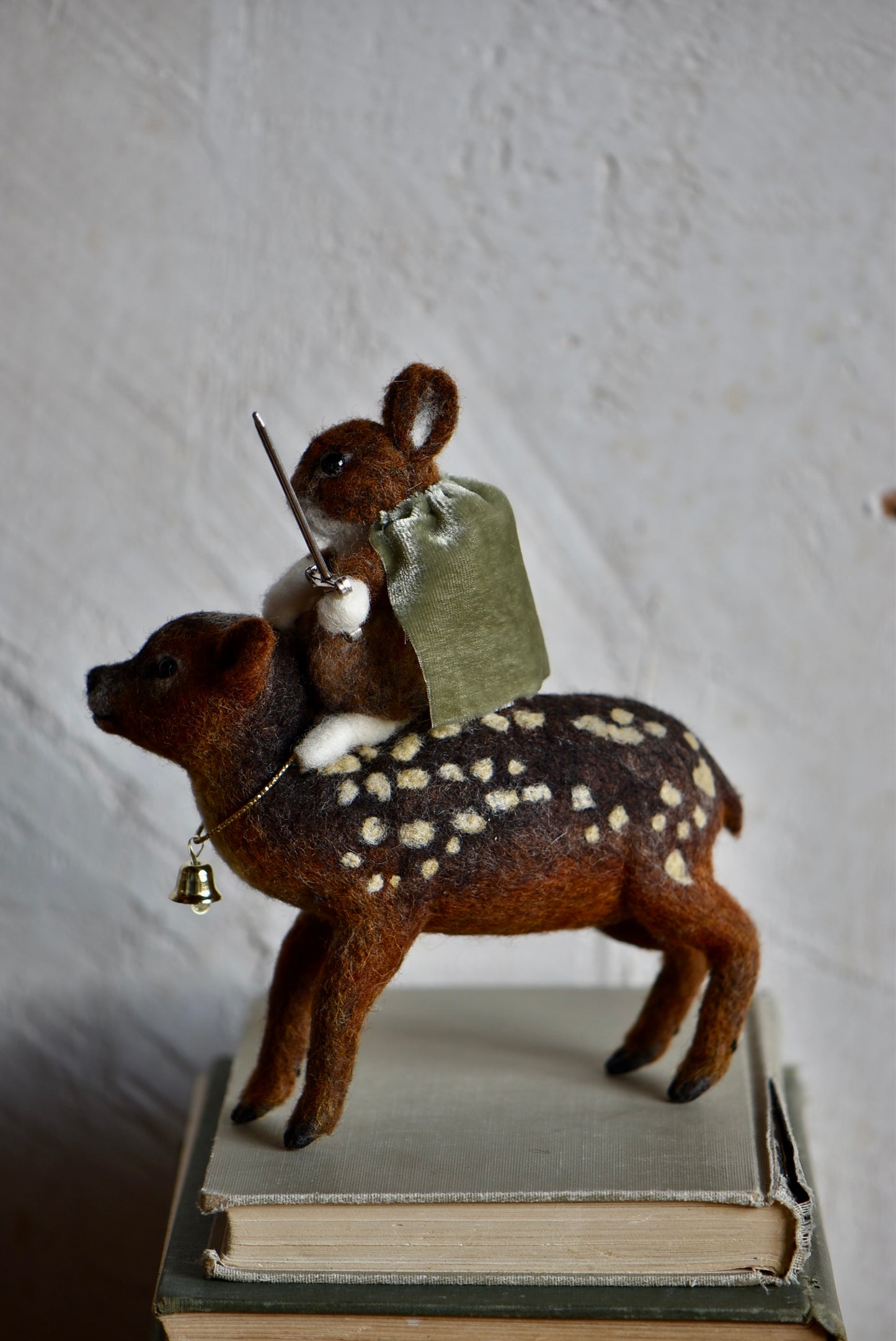 Handmade Needle Felted Character " The Messenger and Her Fawn" - Wool Animal Sculpture- Rustles from the meadow and Harthicune