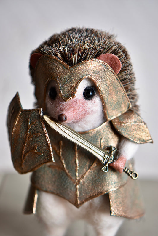 Handmade Needle Felted Character " Thornhelm the Hedgehog" - Wool Animal Sculpture-  Rustles from the meadow