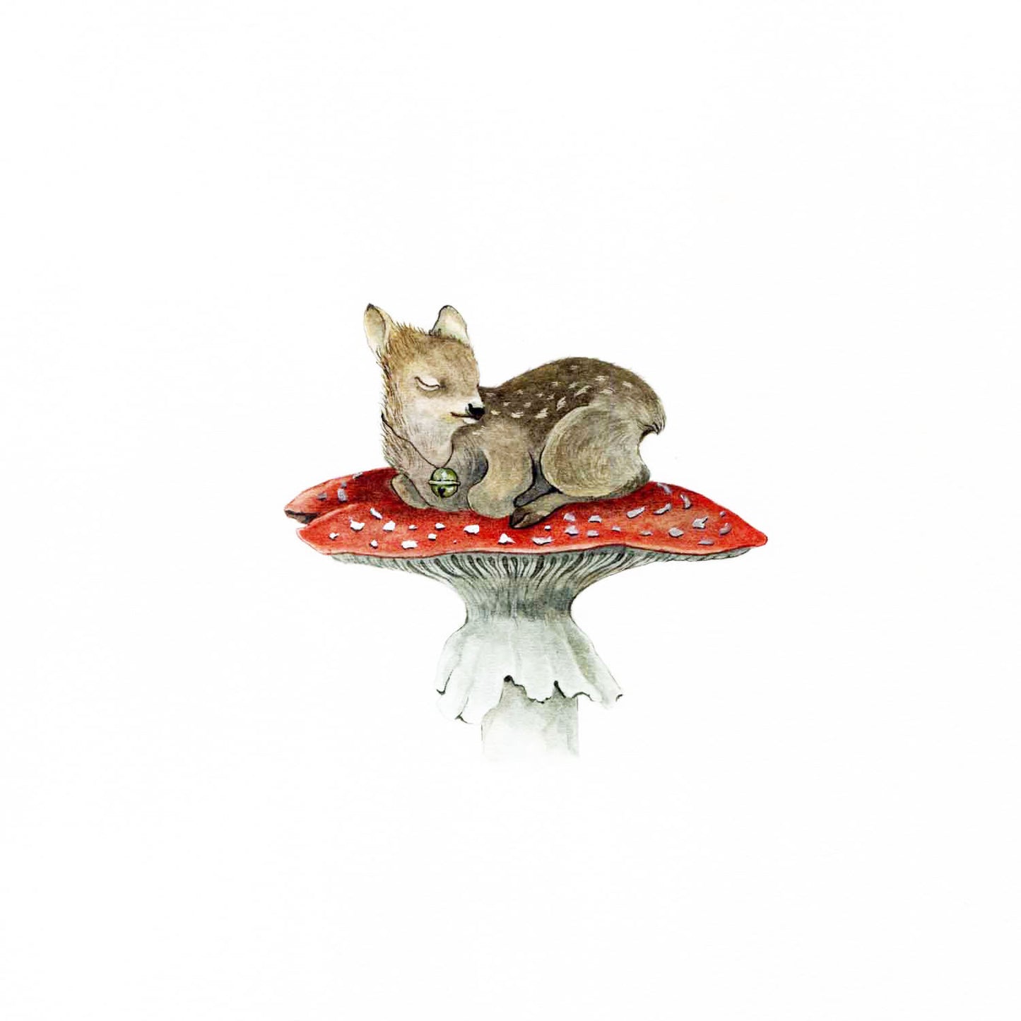 Watercolor Pudu Sleeping on Mushroom - Fine Art Giclee Print