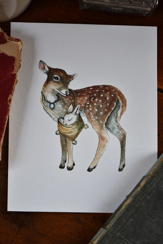 Deer and Baby Bunny - Fine Art Giclee Print