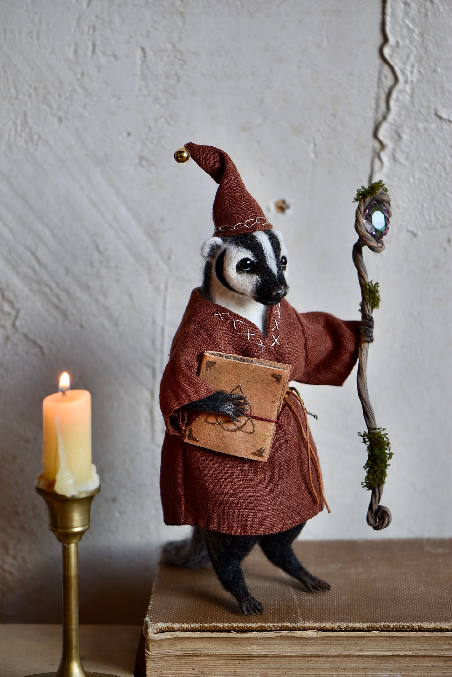 Handmade Needle Felted Badger "The Mage" - Wool Animal Sculpture-  Rustles from the meadow and Harthicune