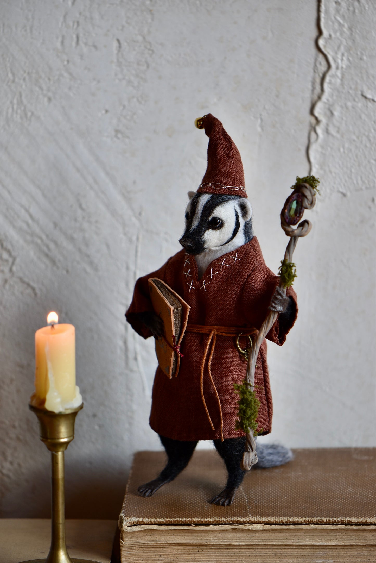 Handmade Needle Felted Badger "The Mage" - Wool Animal Sculpture-  Rustles from the meadow and Harthicune