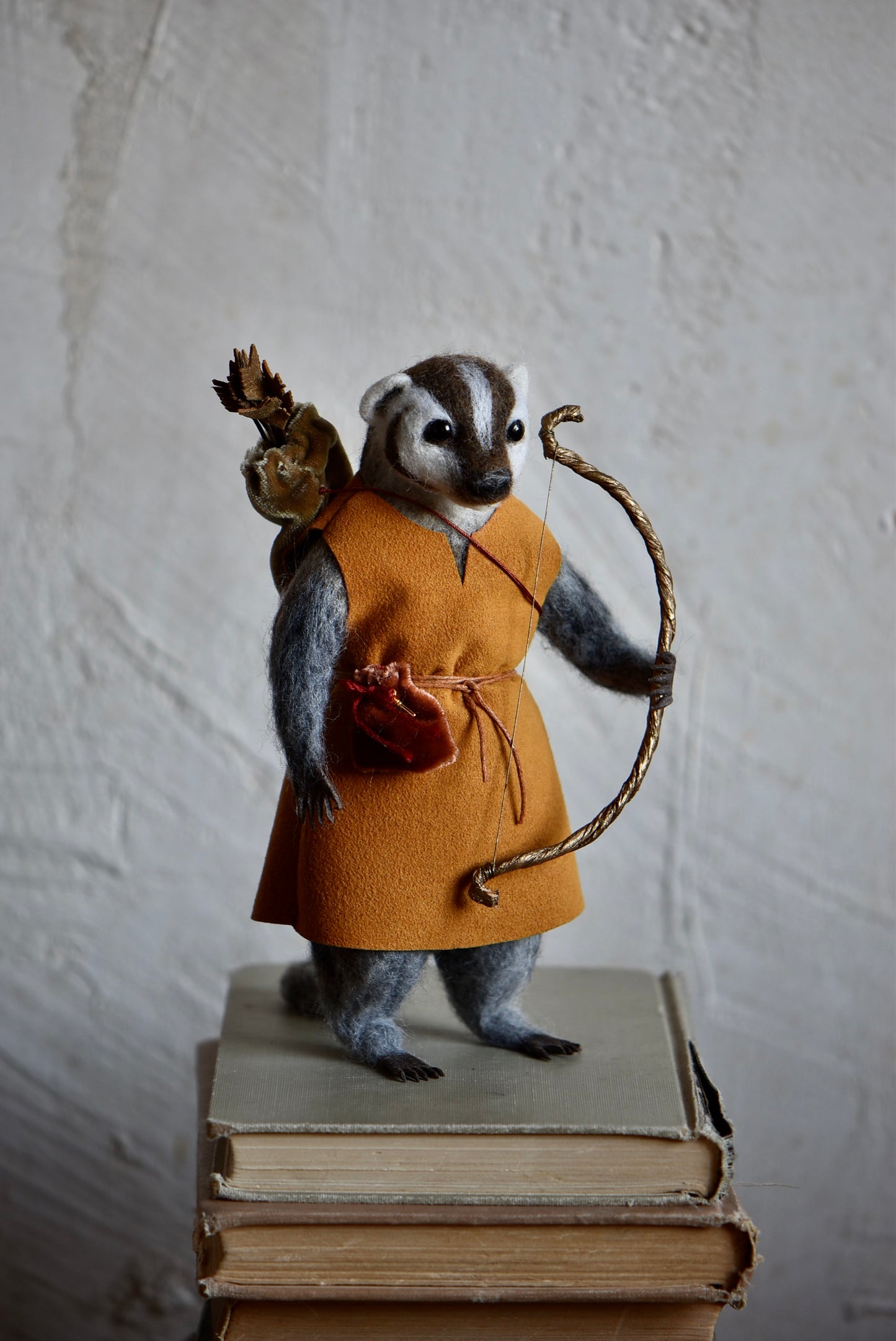 Handmade Needle Felted Badger "The Mistwood Archer" - Wool Animal Sculpture-  Rustles from the meadow and Harthicune