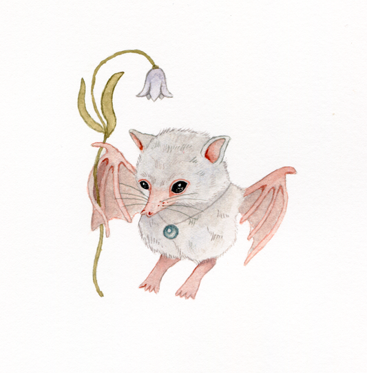 Watercolor Little Bat with Flower  - Fine Art Giclee Print