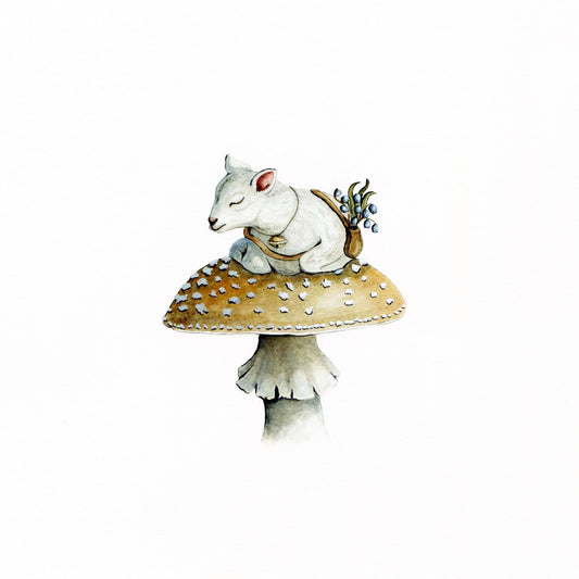 Lamb Sleeping on Mushroom  - Fine Art Giclee Print